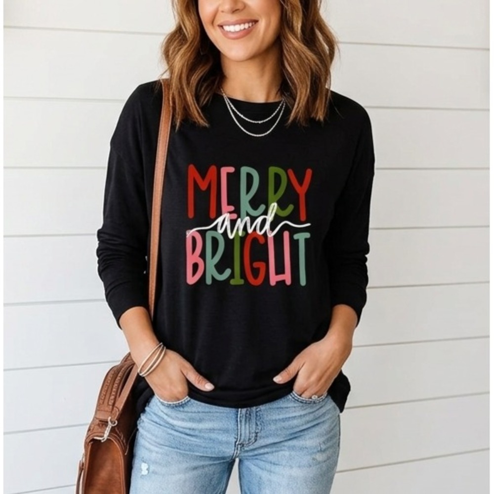 Merry And Bright LARGE Tee Black Long Sleeve NWT Holiday Winter Womens